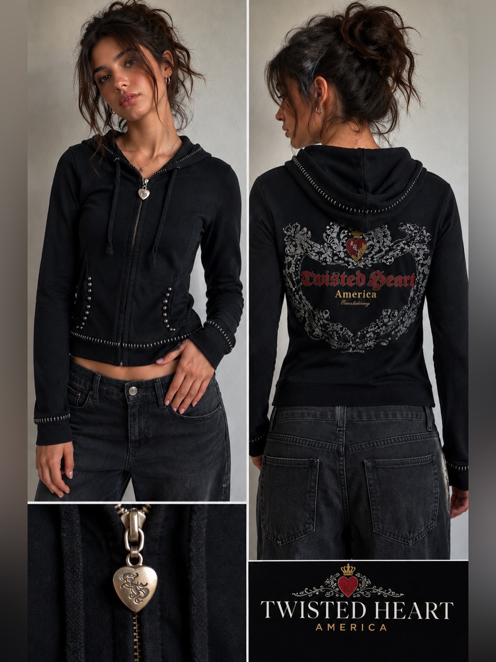 Vintage Y2K Twisted Heart America Rhinestone Zip Hoodie Black S/M indie sleaze B
